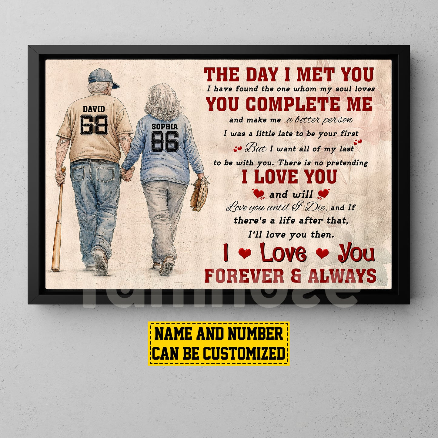 Personalized Baseball Old Couple Canvas Painting, The Day I Met You Romantic Quotes Wall Art Decor, Poster Valentine's Day Gift For Baseball-Loving Couple