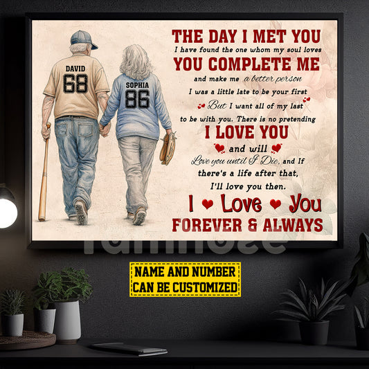 Personalized Baseball Old Couple Canvas Painting, The Day I Met You Romantic Quotes Wall Art Decor, Poster Valentine's Day Gift For Baseball-Loving Couple