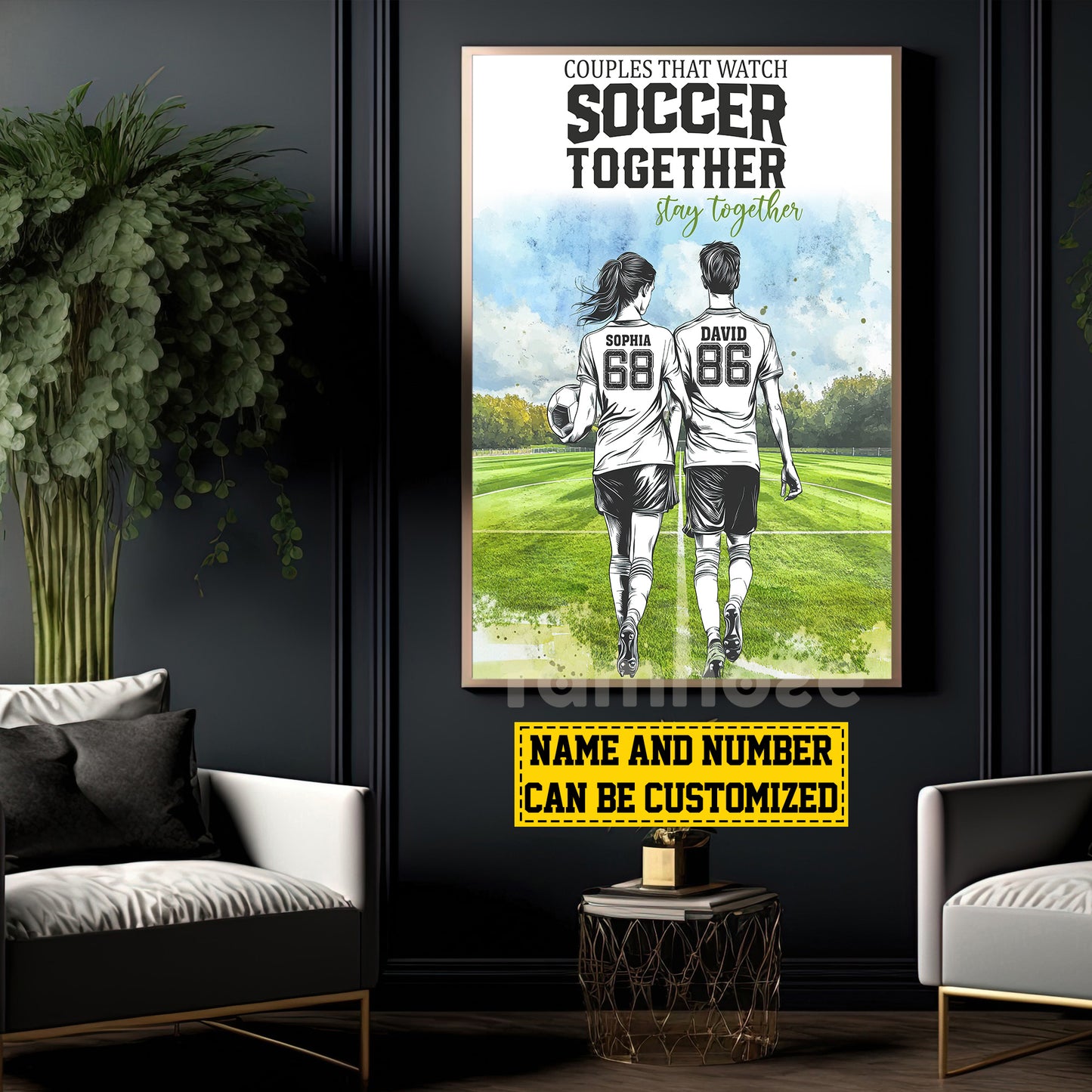 Romantic Personalized Soccer Couple Canvas Painting, Soccer Together Sports Wall Art Decor, Valentine's Day Poster Gift For Soccer-Loving Couple