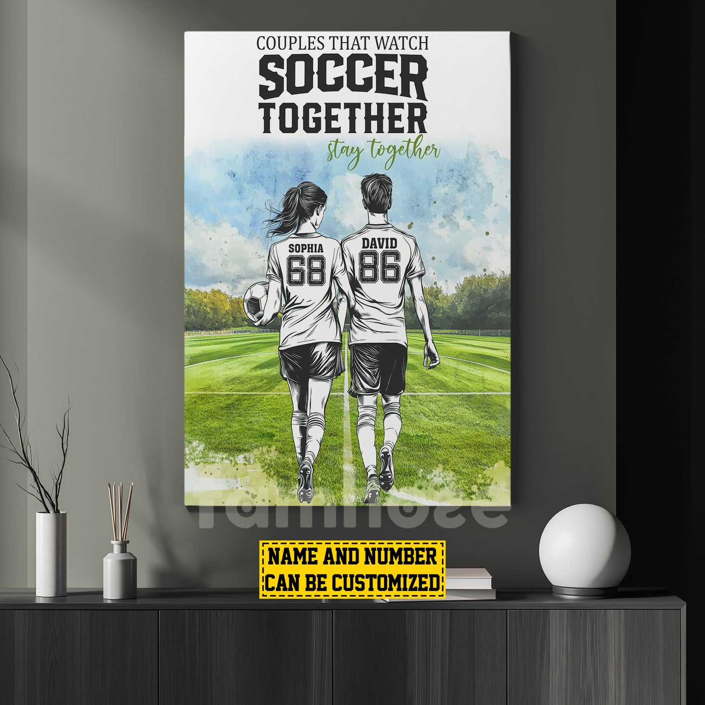 Romantic Personalized Soccer Couple Canvas Painting, Soccer Together Sports Wall Art Decor, Valentine's Day Poster Gift For Soccer-Loving Couple