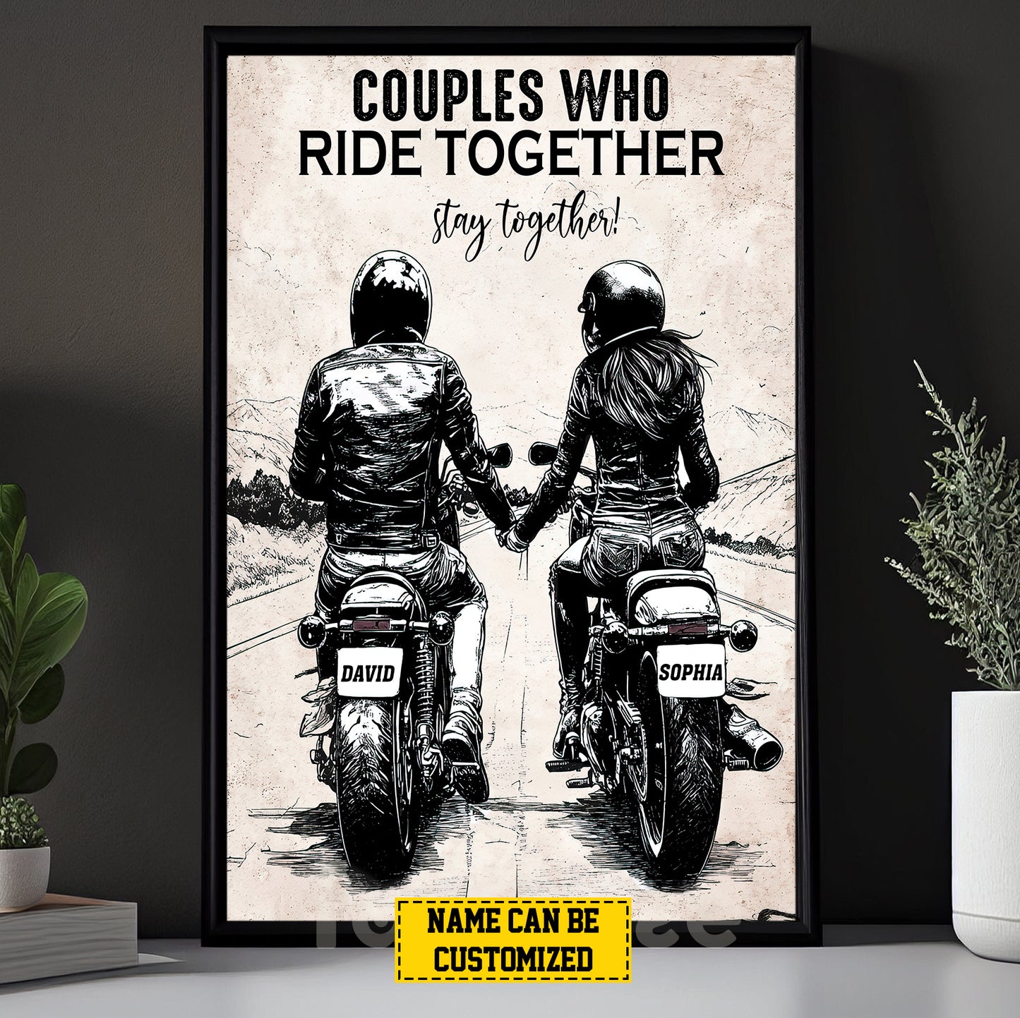 Romantic Personalized Biker Couple Canvas Painting, Couples Who Ride Together, Stay Together Sports Wall Art Decor, Valentine's Day Poster Gift For Soccer-Loving Couple