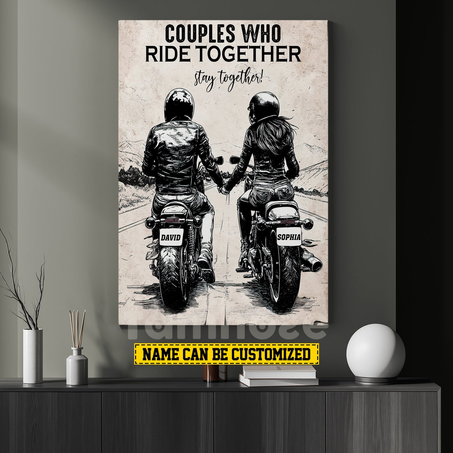 Romantic Personalized Biker Couple Canvas Painting, Couples Who Ride Together, Stay Together Sports Wall Art Decor, Valentine's Day Poster Gift For Soccer-Loving Couple