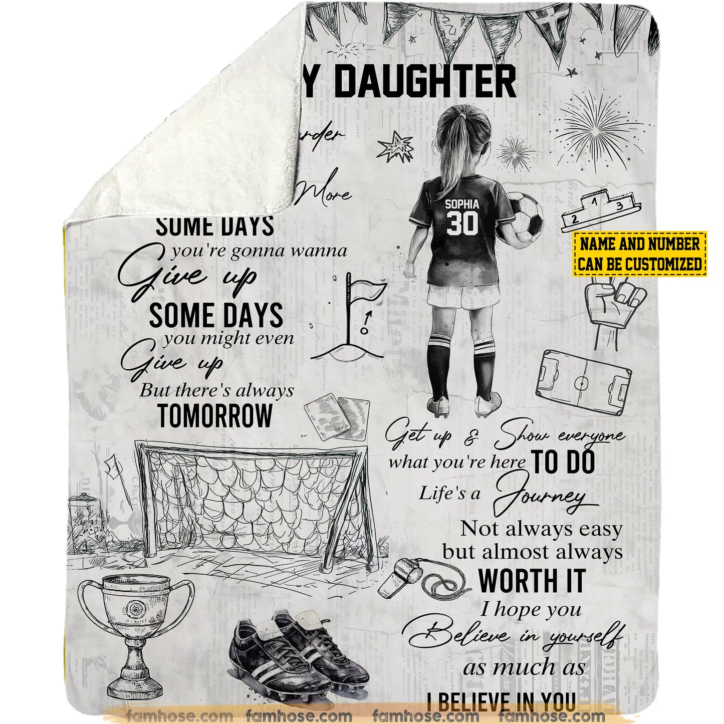 Personalized Soccer Girl Fleece Blanket, To My Daughter Believe In You Woven Blanket, Cool Sherpa Blanket Gift For Kids, Soccer Lovers