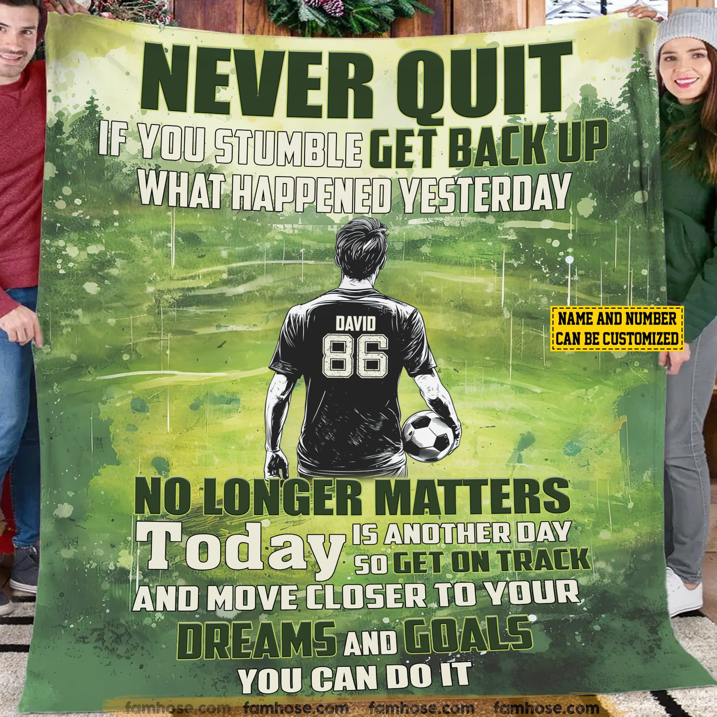 Personalized Soccer Boy Fleece Blanket, Never Quit You Can Do It Woven Blanket, Cool Sherpa Blanket Gift For Soccer Lovers