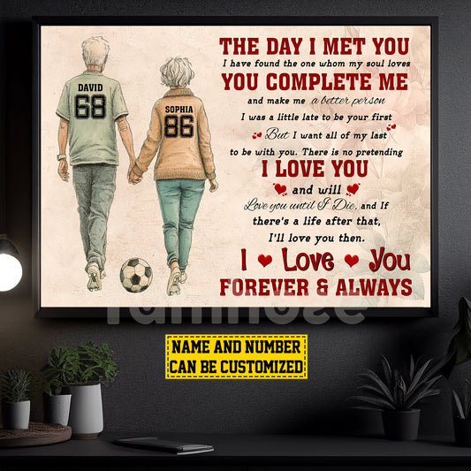 Vintage Personalized Soccer Old Couple Canvas Painting, The Day I Met You Romantic Quotes Wall Art Decor, Poster Valentine's Day Gift For Soccer-Loving Couple