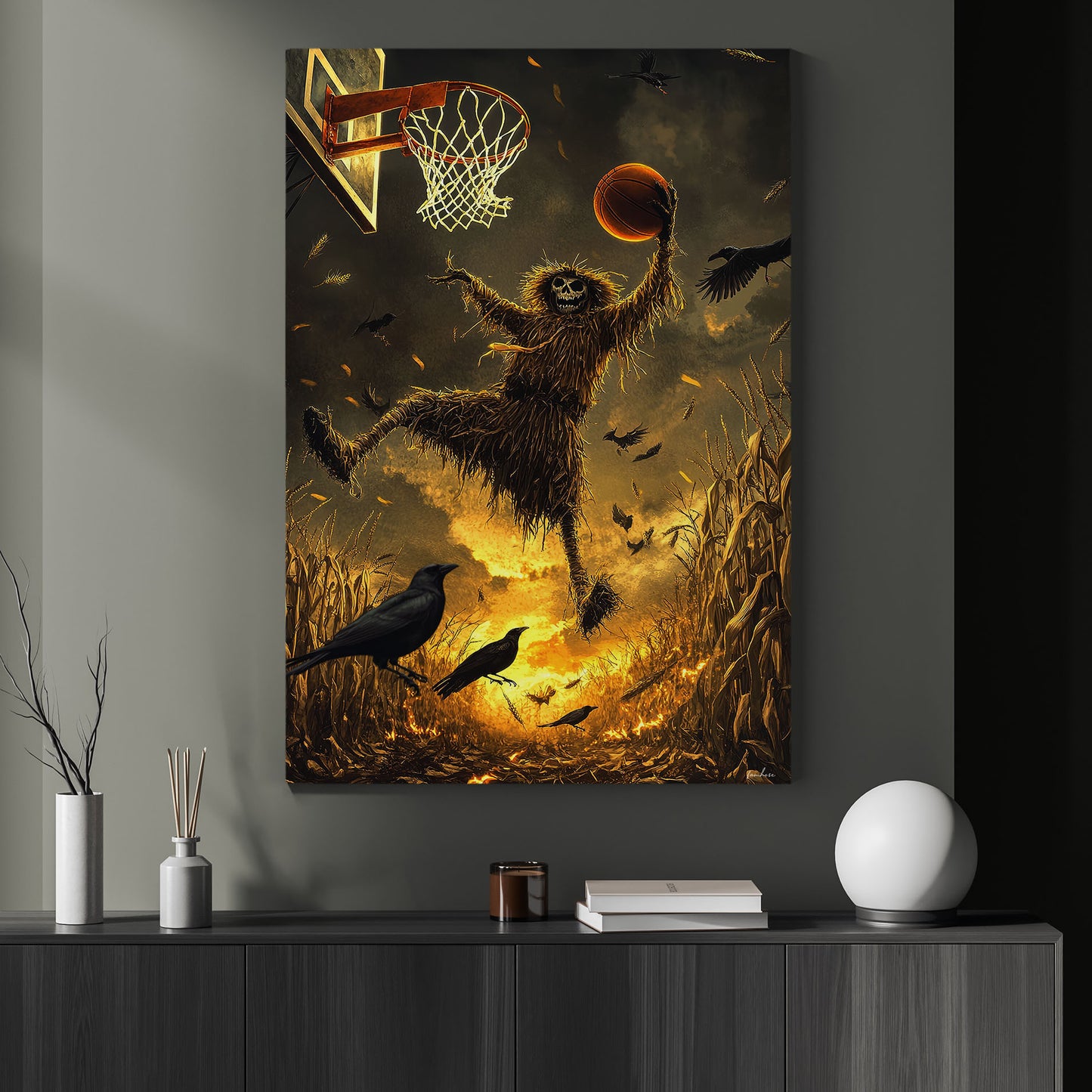 Scarecrow’s Slam Dunk, Basketball Canvas Painting, Spooky Season Wall Art Decor, Halloween Poster Gift For Basketball Lovers