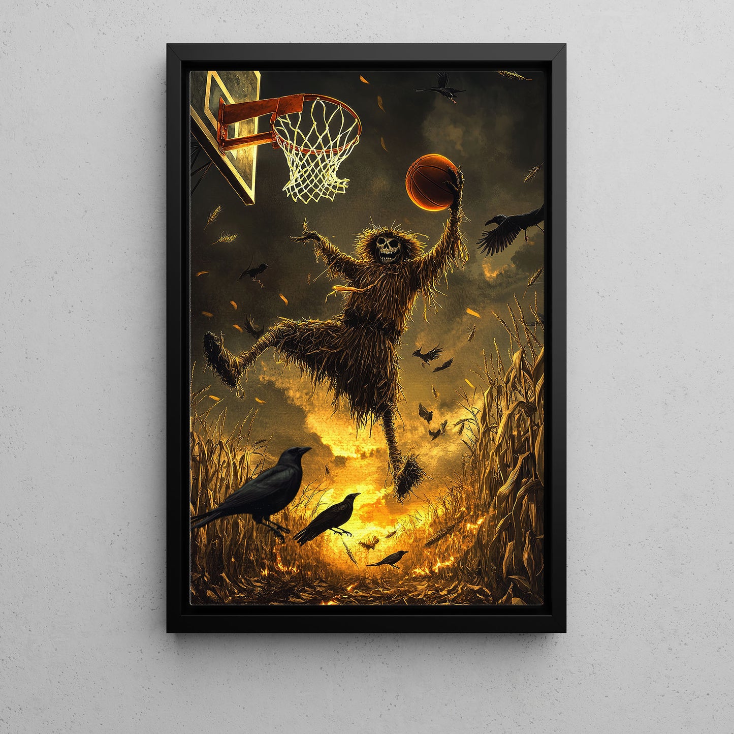 Scarecrow’s Slam Dunk, Basketball Canvas Painting, Spooky Season Wall Art Decor, Halloween Poster Gift For Basketball Lovers