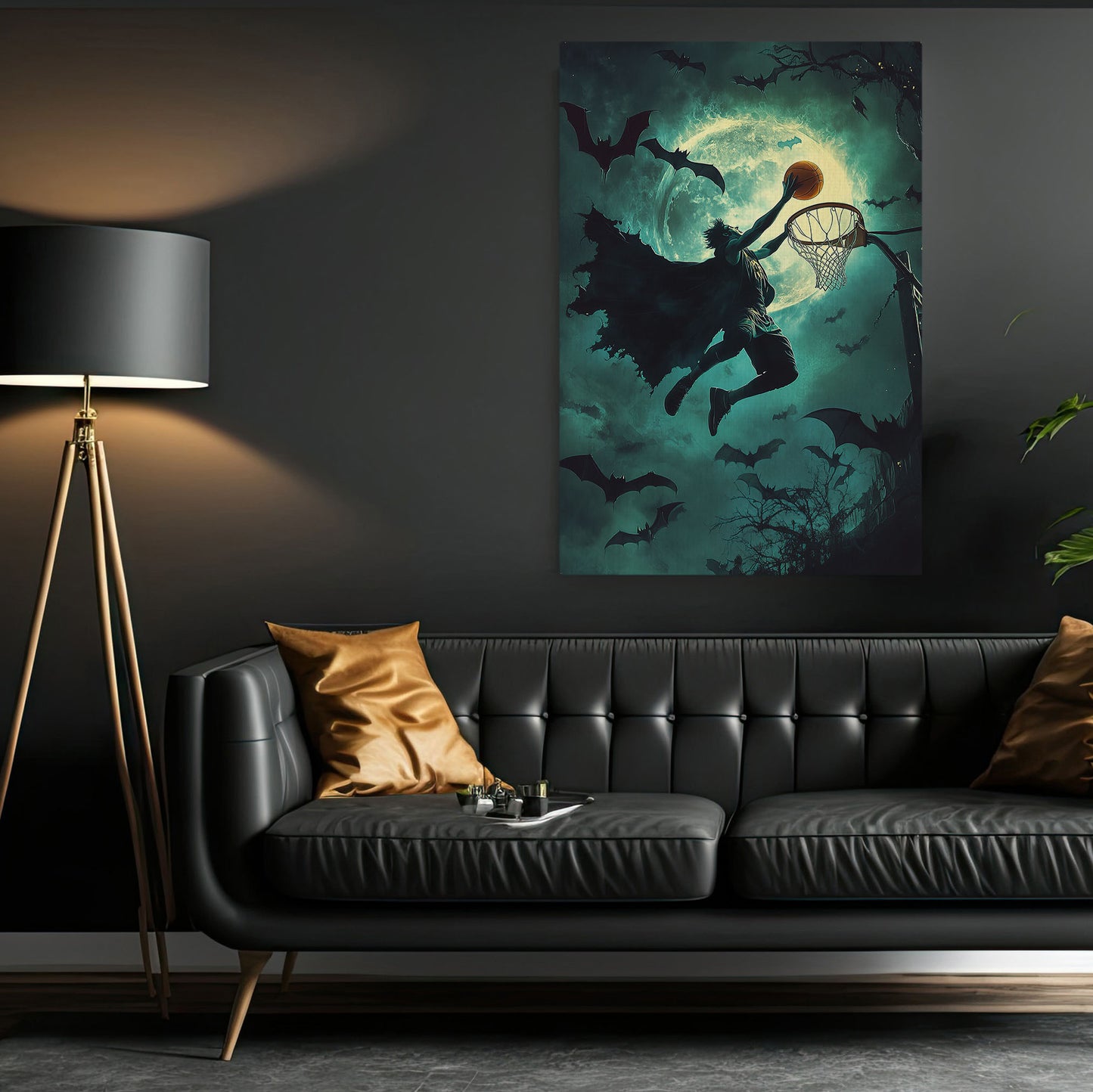 Vampire’s Midnight Dunk, Basketball Canvas Painting, Spooky Season Wall Art Decor, Halloween Poster Gift For Basketball Lovers