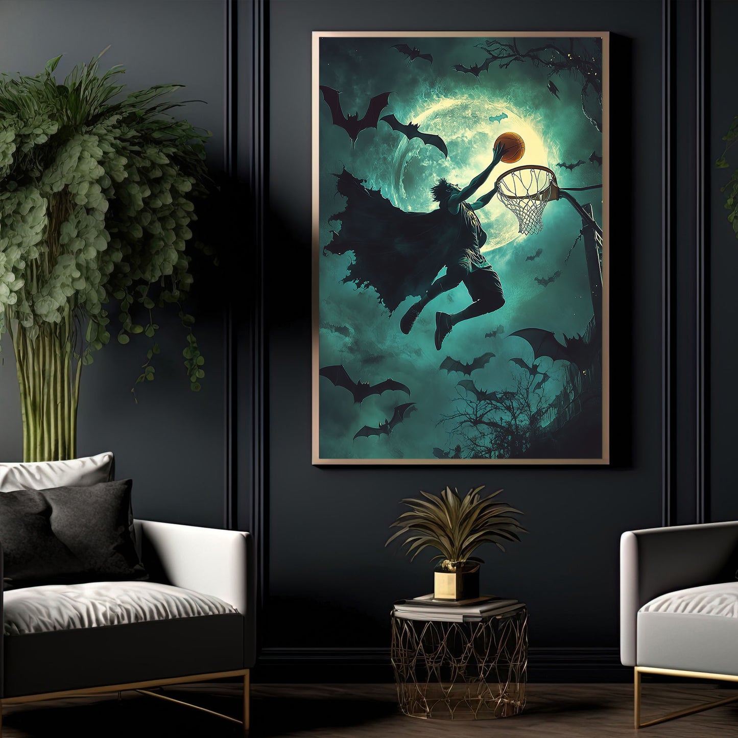 Vampire’s Midnight Dunk, Basketball Canvas Painting, Spooky Season Wall Art Decor, Halloween Poster Gift For Basketball Lovers