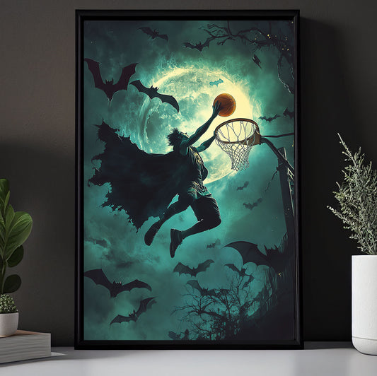 Vampire’s Midnight Dunk, Basketball Canvas Painting, Spooky Season Wall Art Decor, Halloween Poster Gift For Basketball Lovers