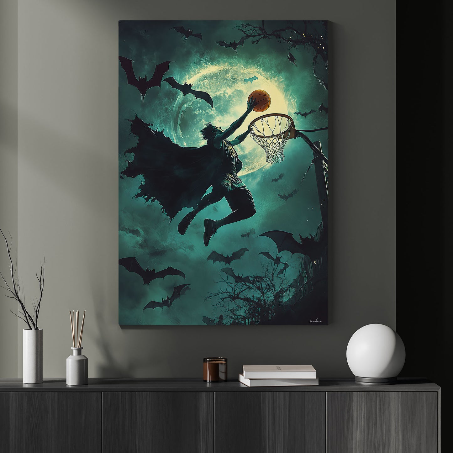 Vampire’s Midnight Dunk, Basketball Canvas Painting, Spooky Season Wall Art Decor, Halloween Poster Gift For Basketball Lovers