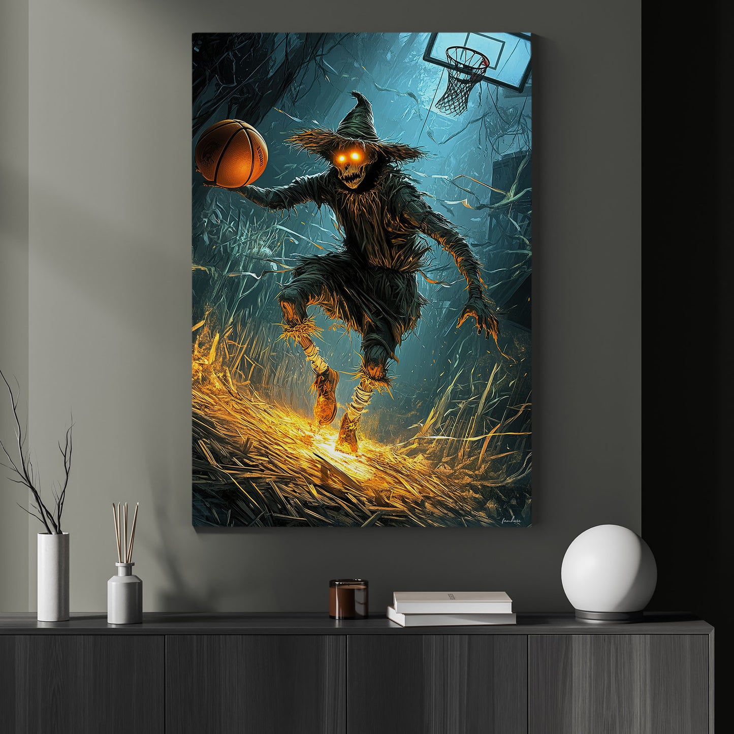 Scarecrow Plays Basketball, Basketball Canvas Painting, Spooky Season Wall Art Decor, Halloween Poster Gift For Basketball Lovers