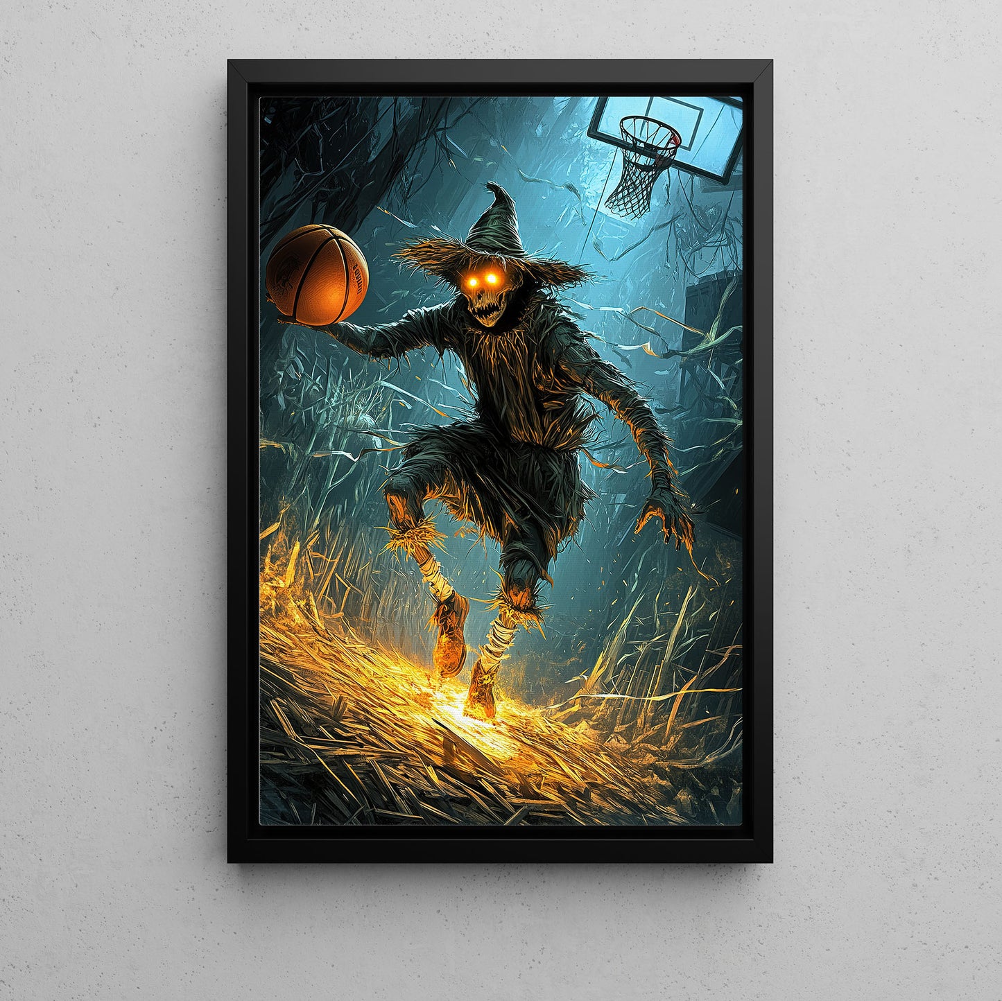 Scarecrow Plays Basketball, Basketball Canvas Painting, Spooky Season Wall Art Decor, Halloween Poster Gift For Basketball Lovers