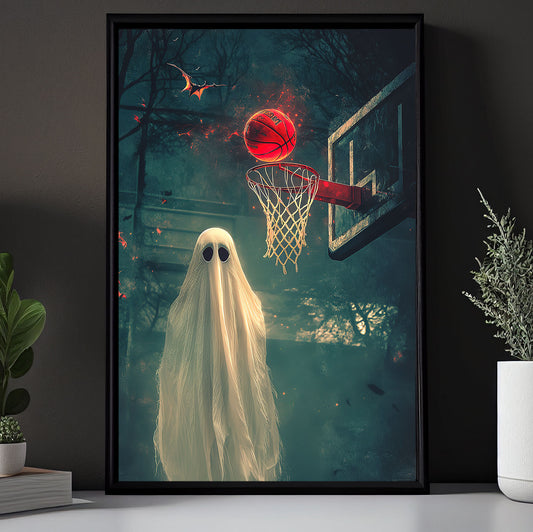 Ghost’s Free Throw, Basketball Canvas Painting, Spooky Season Wall Art Decor, Halloween Poster Gift For Basketball Lovers