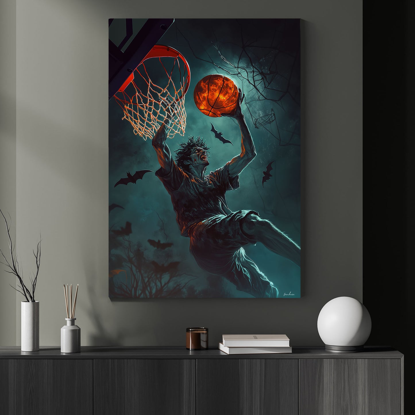 Vampire’s Midnight Dunk, Basketball Canvas Painting, Spooky Season Wall Art Decor, Halloween Poster Gift For Basketball Lovers