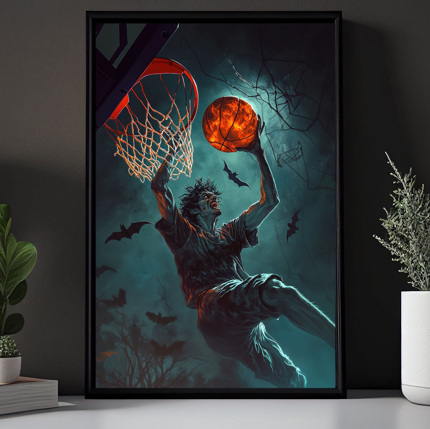 Vampire’s Midnight Dunk, Basketball Canvas Painting, Spooky Season Wall Art Decor, Halloween Poster Gift For Basketball Lovers