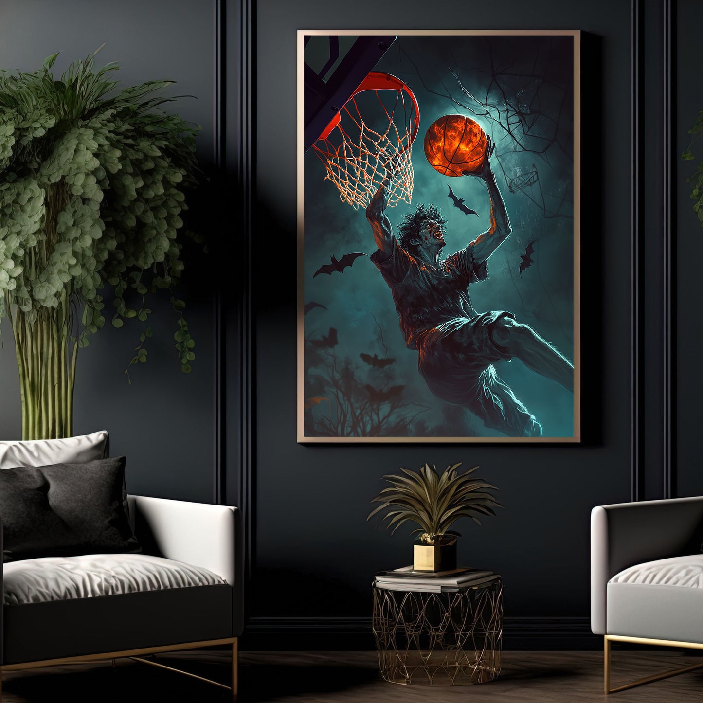 Vampire’s Midnight Dunk, Basketball Canvas Painting, Spooky Season Wall Art Decor, Halloween Poster Gift For Basketball Lovers