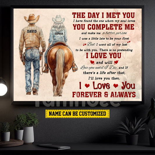 Vintage Personalized Couple Old Cowboy & Cowgirl Canvas Painting, The Day I Met You Romantic Quotes Wall Art Decor, Poster Valentine's Day Gift For Rodeo-Loving Couple