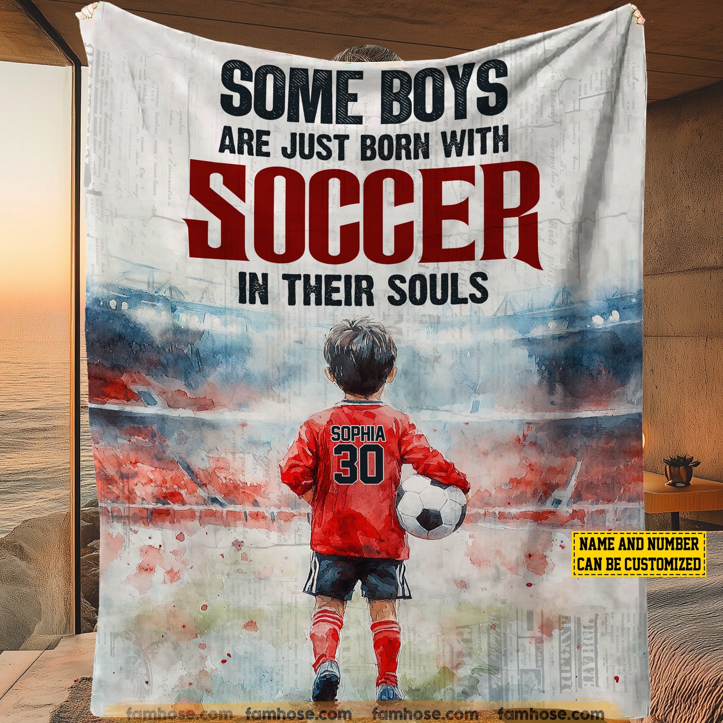 Personalized Soccer Boy Fleece Blanket, Just Born With Soccer In Their Souls Woven Blanket, Cool Sherpa Blanket Gift For Kids, Soccer Lovers