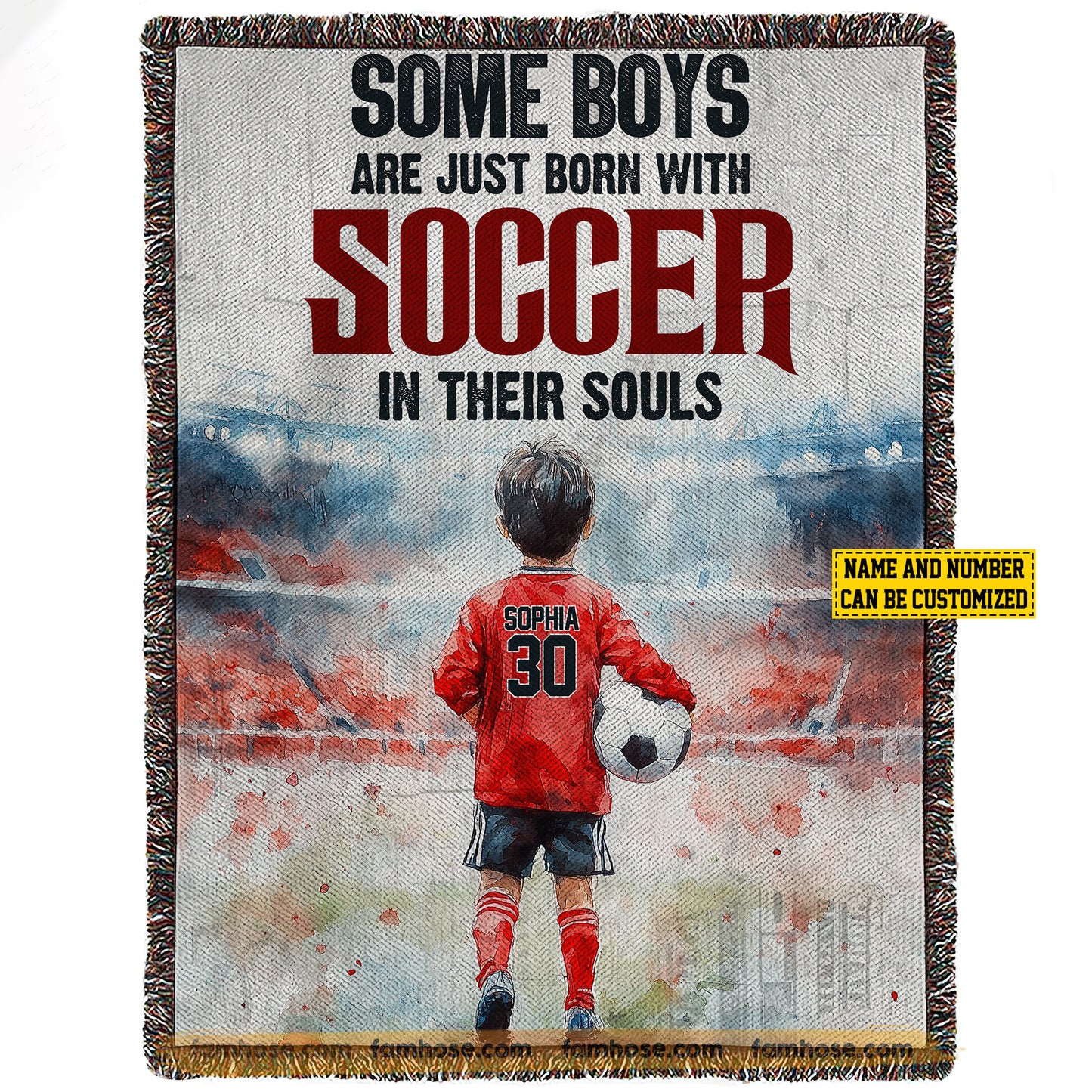 Personalized Soccer Boy Fleece Blanket, Just Born With Soccer In Their Souls Woven Blanket, Cool Sherpa Blanket Gift For Kids, Soccer Lovers