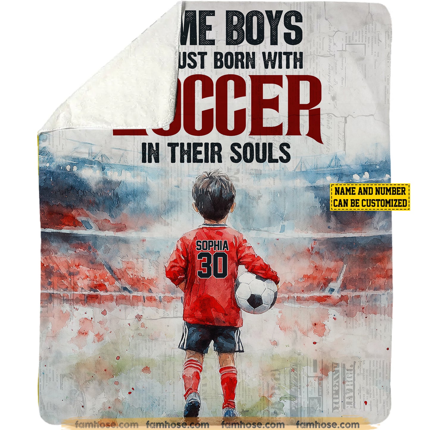 Personalized Soccer Boy Fleece Blanket, Just Born With Soccer In Their Souls Woven Blanket, Cool Sherpa Blanket Gift For Kids, Soccer Lovers