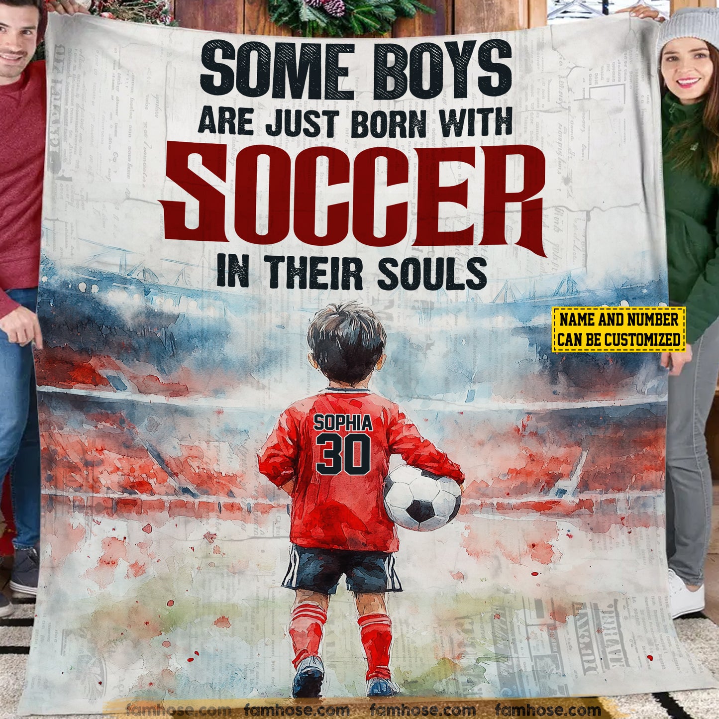 Personalized Soccer Boy Fleece Blanket, Just Born With Soccer In Their Souls Woven Blanket, Cool Sherpa Blanket Gift For Kids, Soccer Lovers