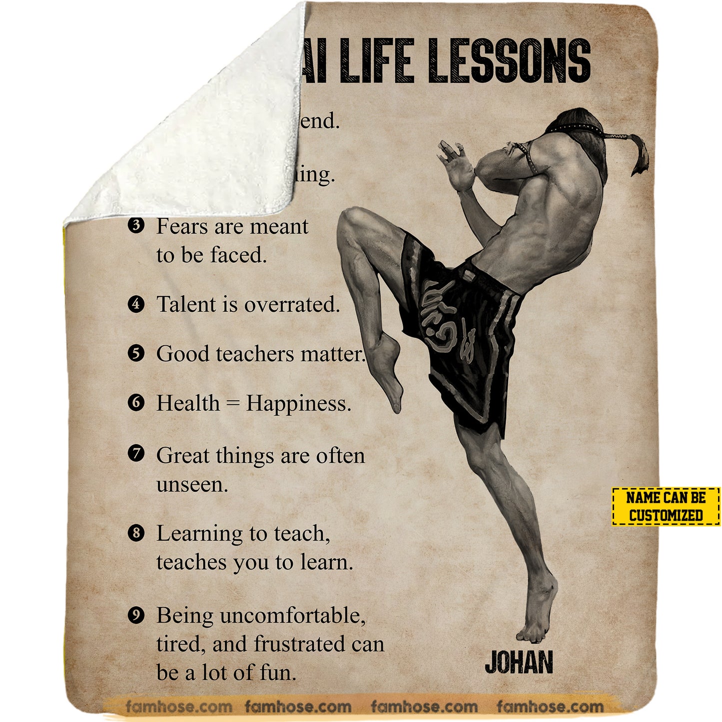 Motivational Personalized Muay Thai Fleece Blanket, Muay Thai Life Lessons Woven Blanket, Cool Sherpa Blanket Gift For Muay Thai Lovers