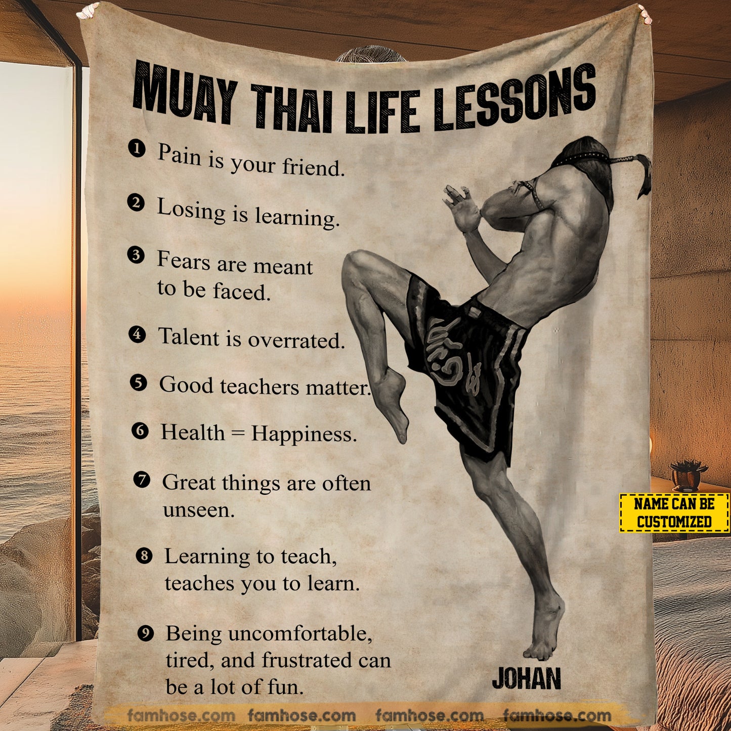 Motivational Personalized Muay Thai Fleece Blanket, Muay Thai Life Lessons Woven Blanket, Cool Sherpa Blanket Gift For Muay Thai Lovers