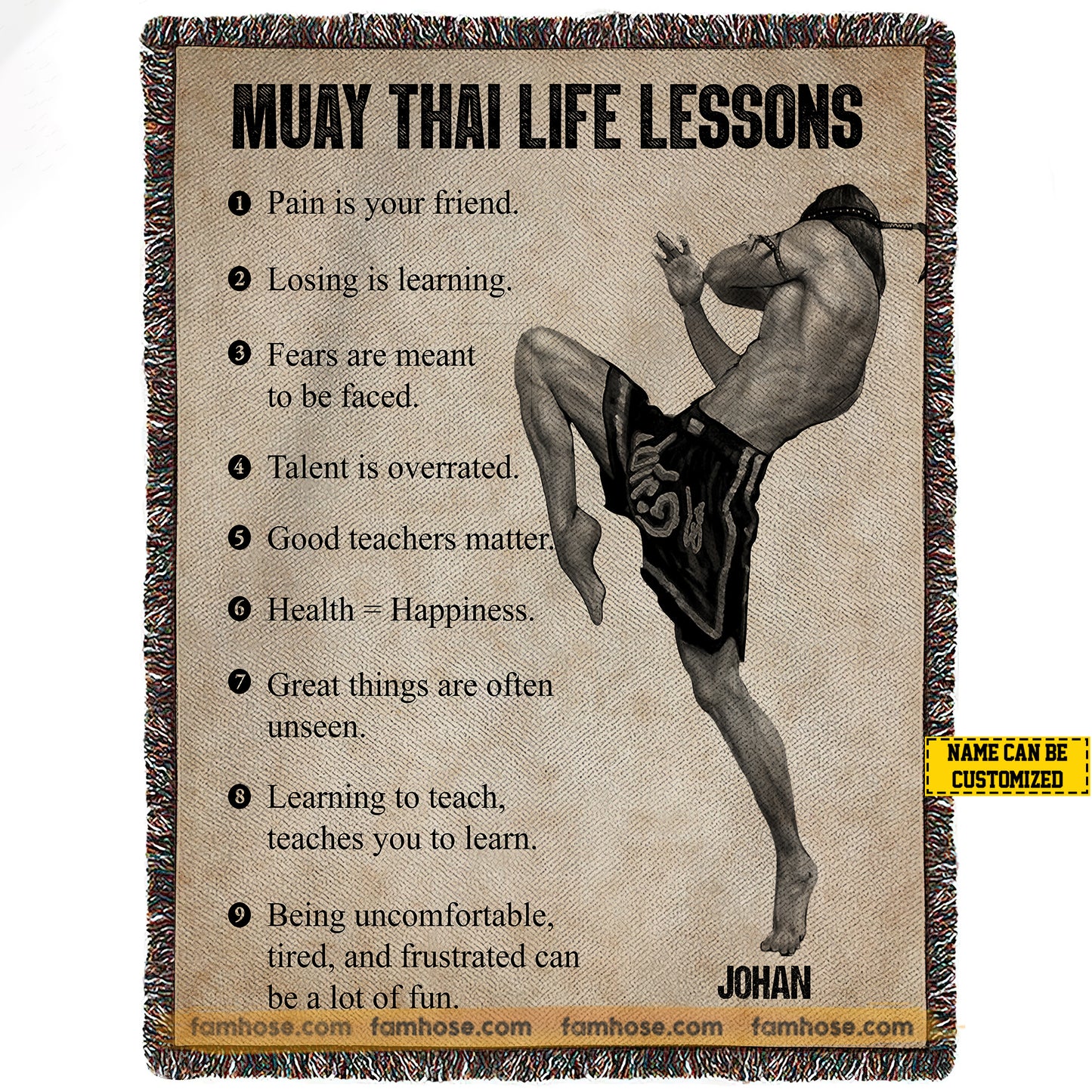 Motivational Personalized Muay Thai Fleece Blanket, Muay Thai Life Lessons Woven Blanket, Cool Sherpa Blanket Gift For Muay Thai Lovers
