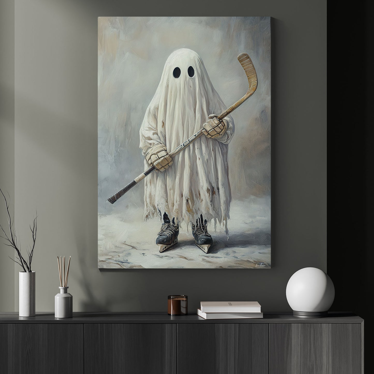 Phantom On Ice, Hockey Canvas Painting, Spooky Season Wall Art Decor, Halloween Poster Gift For Hockey Lovers