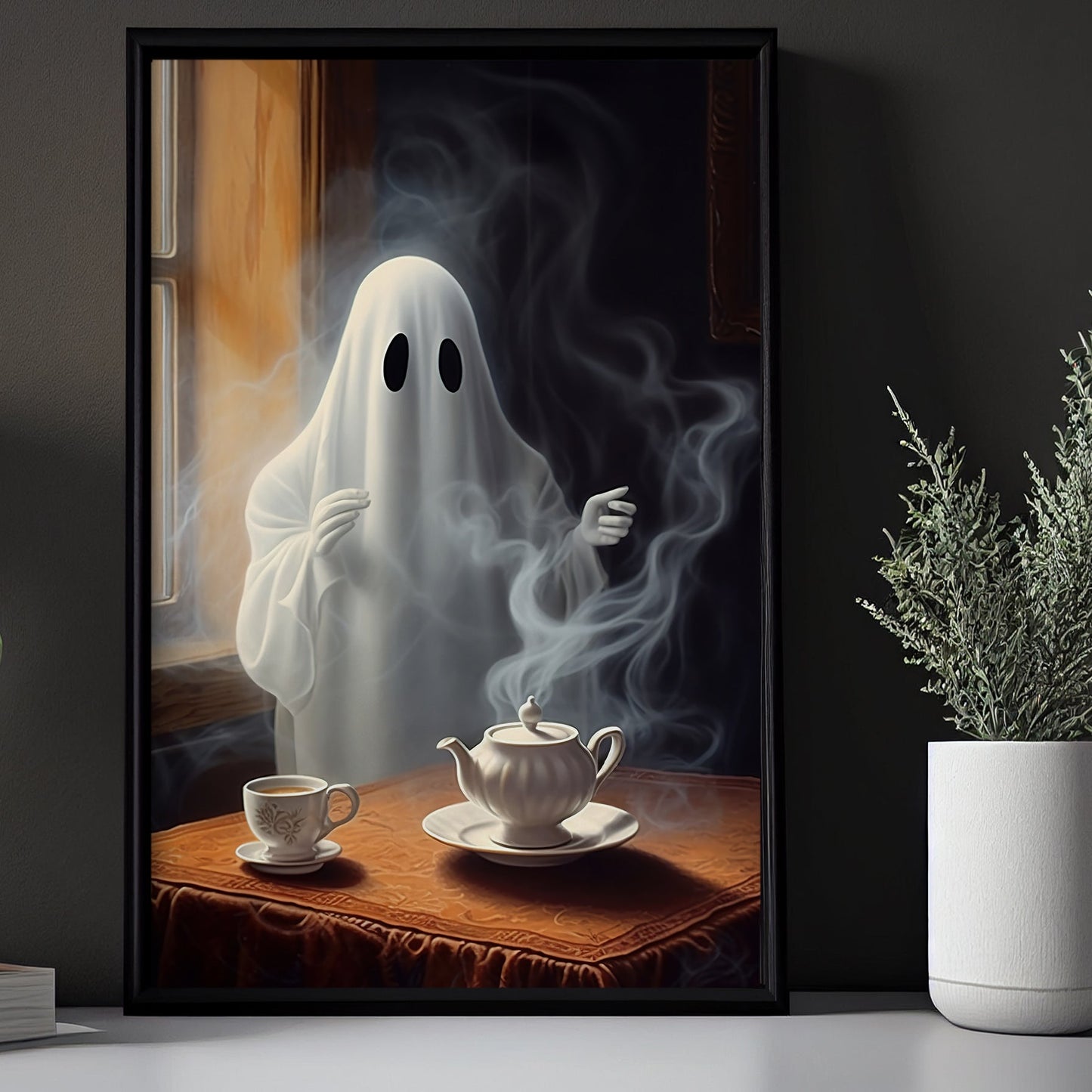 Vintage Ghost In Tea Party Canvas Art Print - Dark Surreal Gothic Boo Ghost Halloween Wall Decor