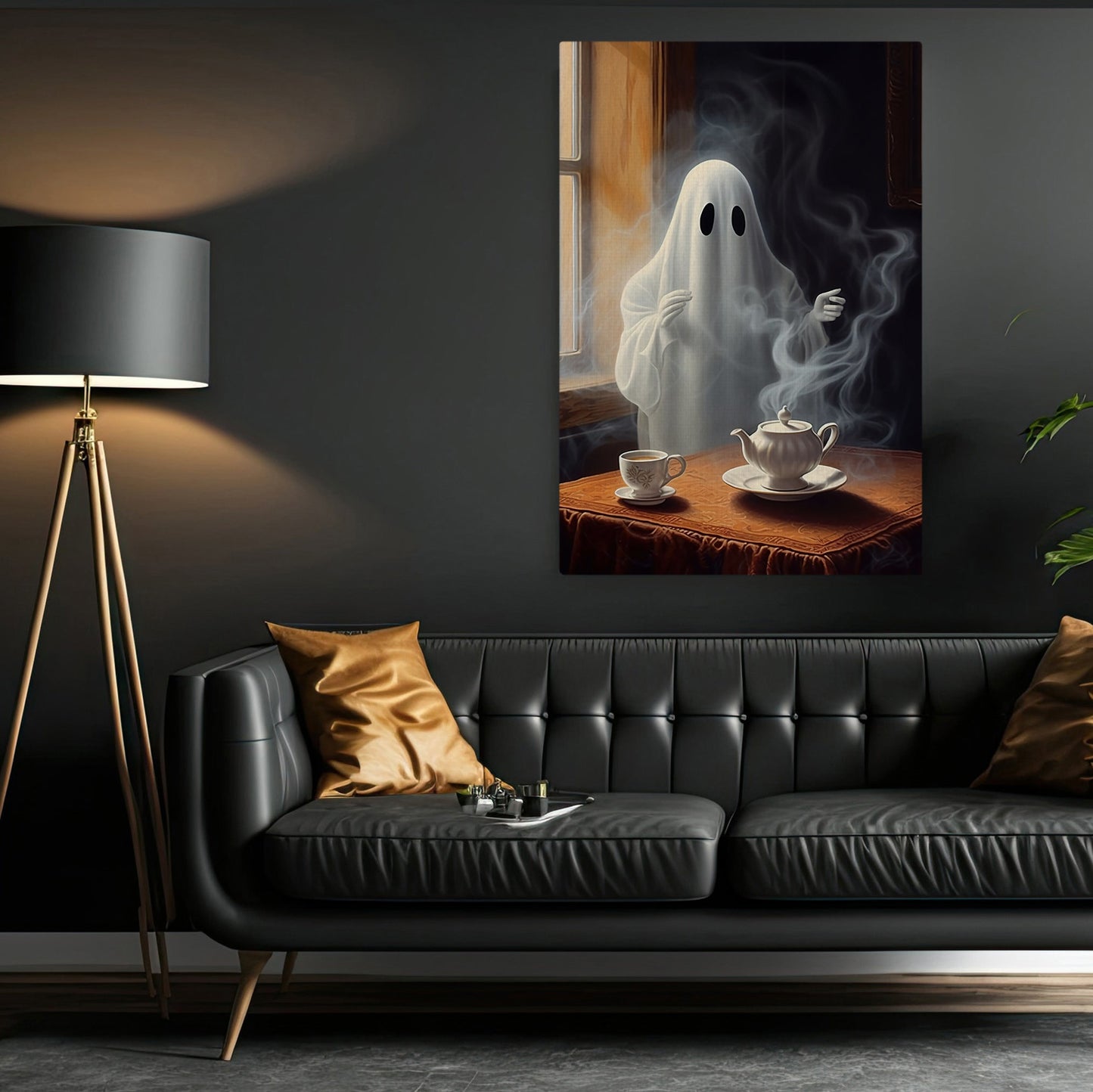 Vintage Ghost In Tea Party Canvas Art Print - Dark Surreal Gothic Boo Ghost Halloween Wall Decor