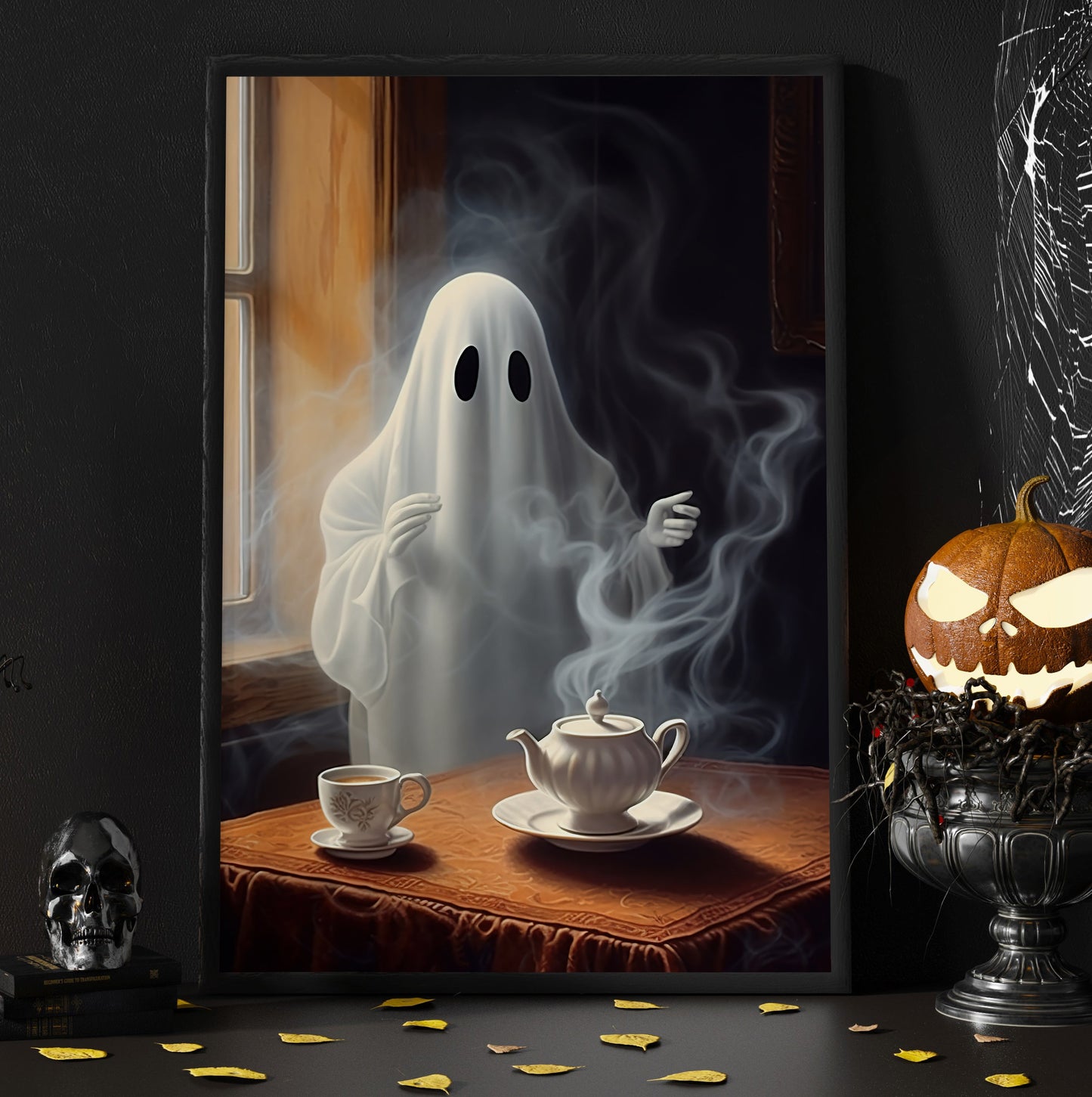 Vintage Ghost In Tea Party Canvas Art Print - Dark Surreal Gothic Boo Ghost Halloween Wall Decor