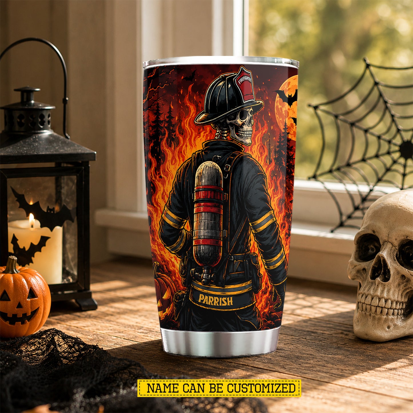 Personalized Halloween Firefighter Skeleton Tumbler, I Dance Where The Devil Walks, Spooky Season Stainless Steel Tumbler, Travel Mug Tumblers Gift For Firefighter Lover