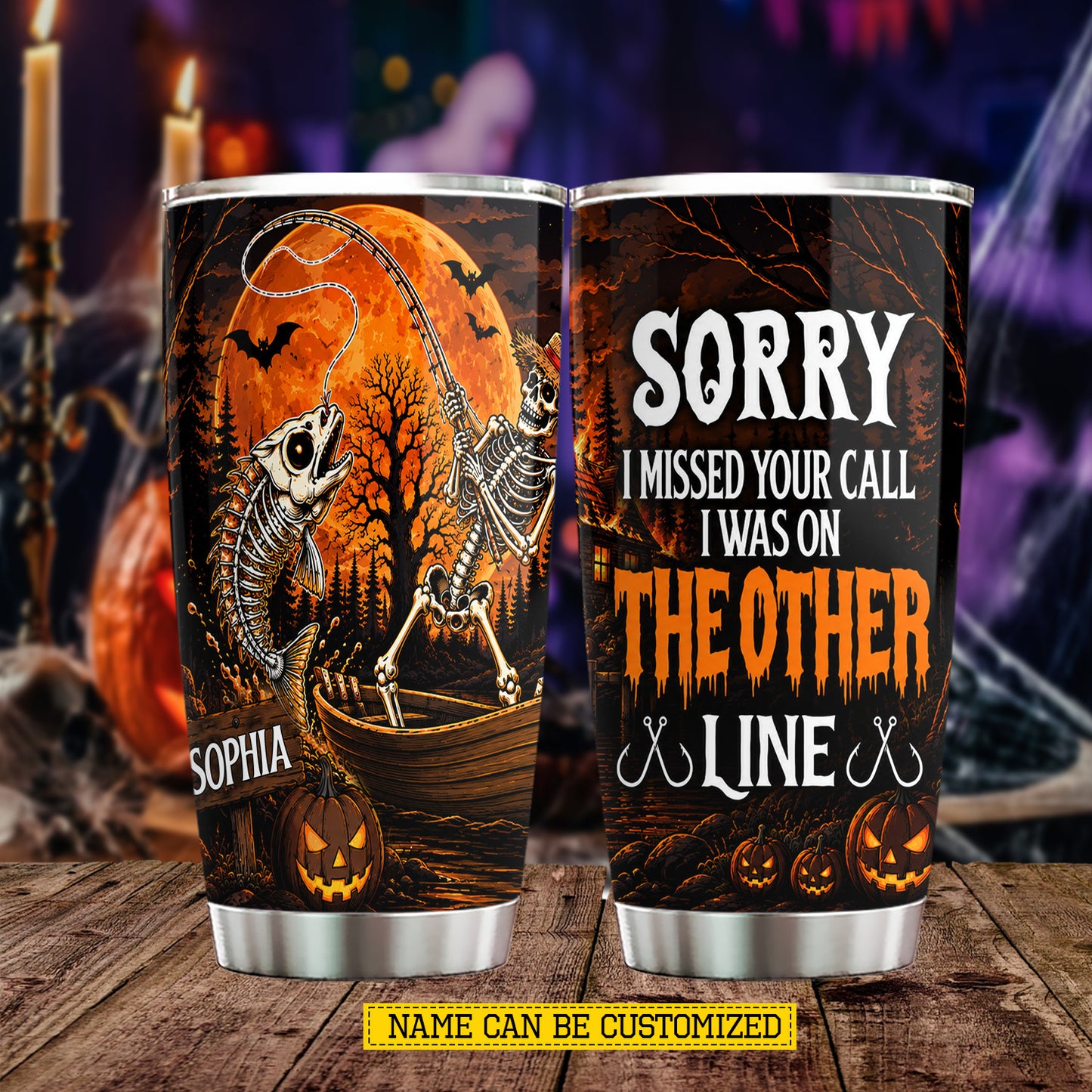 Personalized Halloween Fishing Skeleton Tumbler, Sorry I Missed Your Call, Spooky Season Stainless Steel Tumbler, Travel Mug Tumblers Gift For Fishing Lover