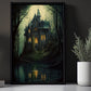 The Witchy House Dark Beside The River Surreal Halloween Canvas Painting, Wall Art Decor - Horror Haunting House Poster Halloween Gift