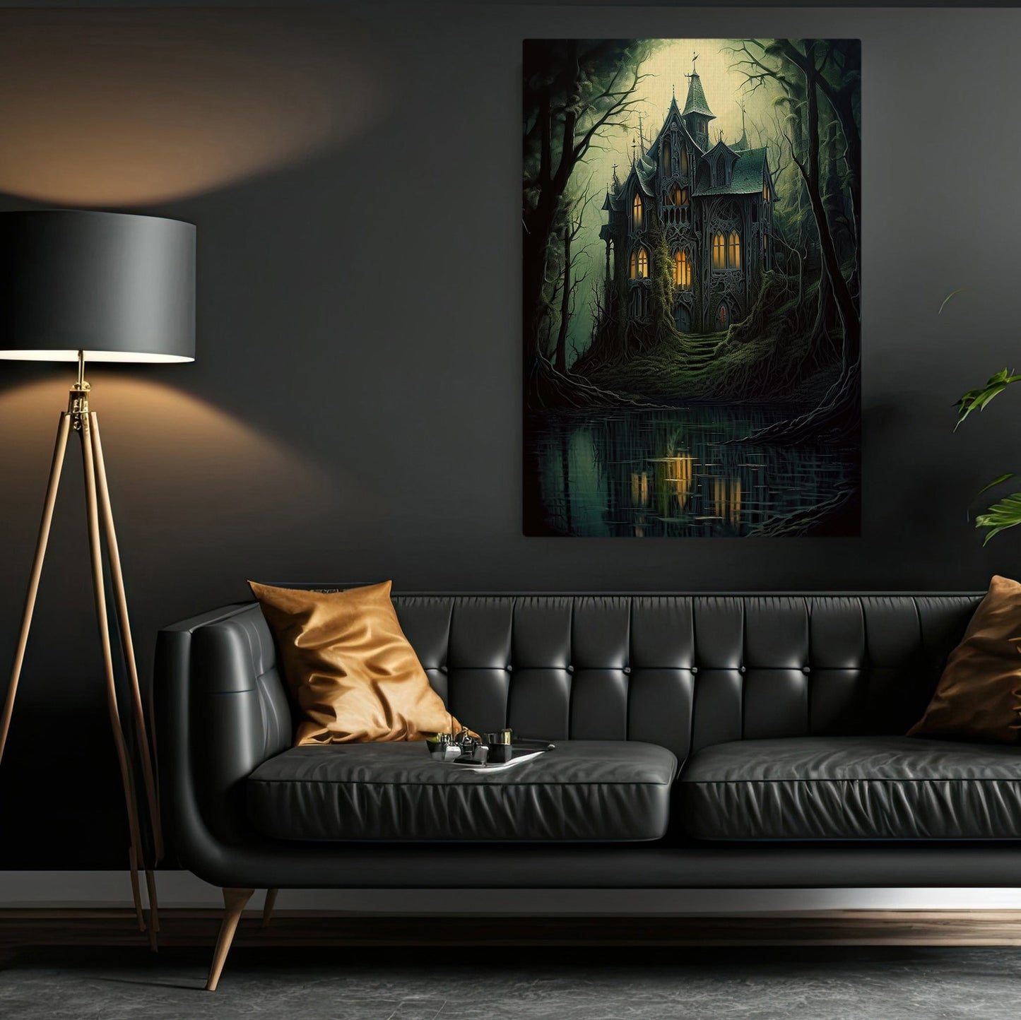 The Witchy House Dark Beside The River Surreal Halloween Canvas Painting, Wall Art Decor - Horror Haunting House Poster Halloween Gift