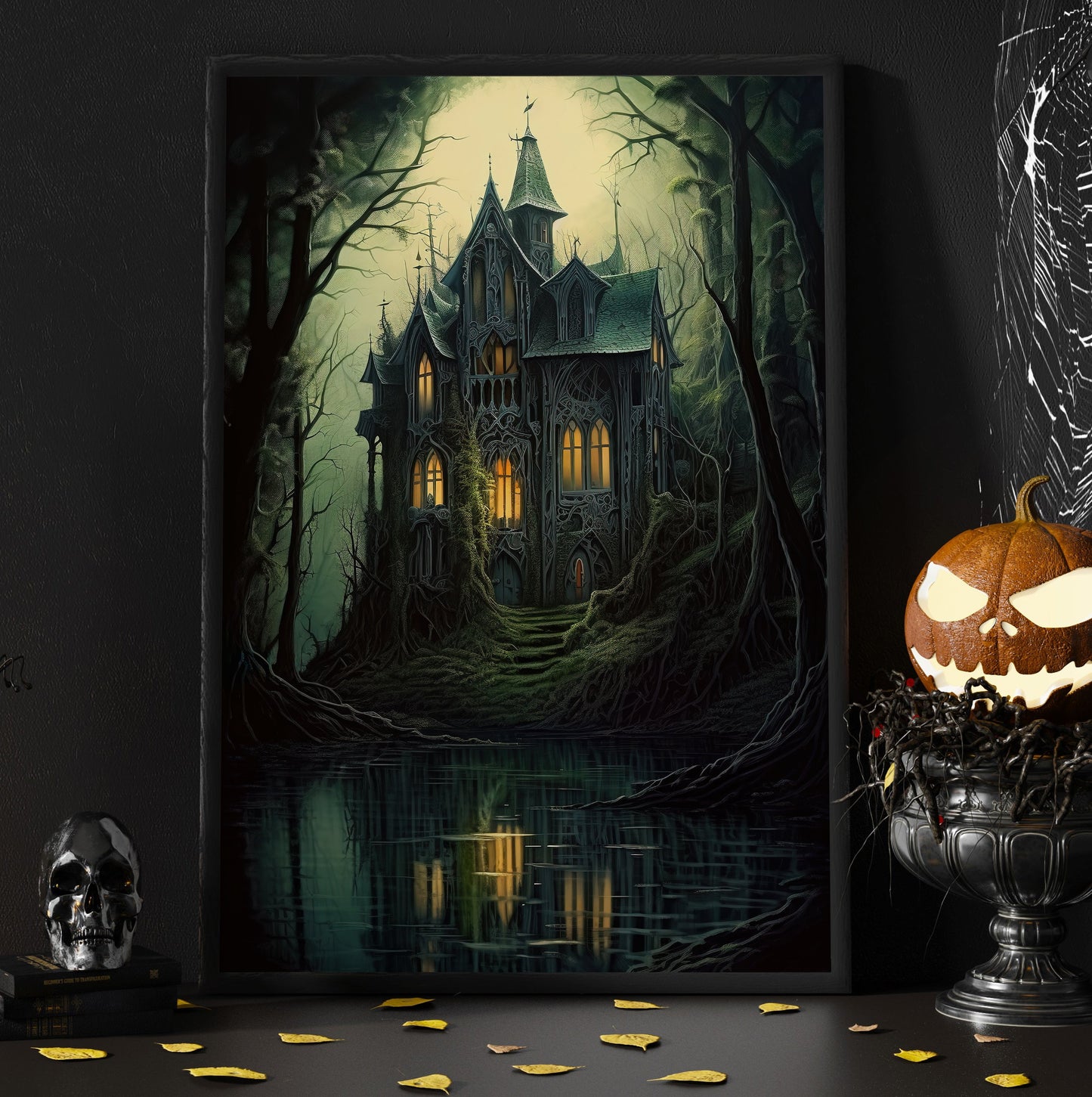 The Witchy House Dark Beside The River Surreal Halloween Canvas Painting, Wall Art Decor - Horror Haunting House Poster Halloween Gift