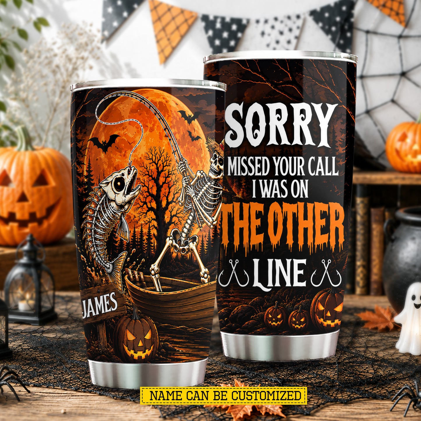 Personalized Halloween Fishing Skeleton Tumbler, Sorry I Missed Your Call, Spooky Season Stainless Steel Tumbler, Travel Mug Tumblers Gift For Fishing Lover