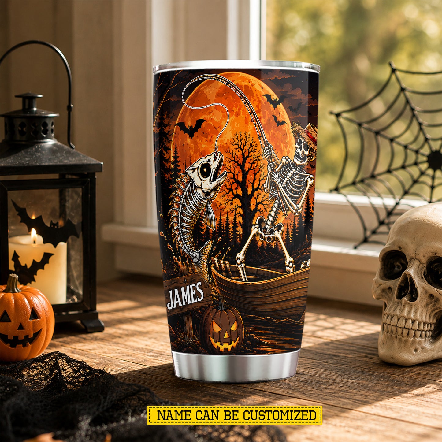 Personalized Halloween Fishing Skeleton Tumbler, Sorry I Missed Your Call, Spooky Season Stainless Steel Tumbler, Travel Mug Tumblers Gift For Fishing Lover