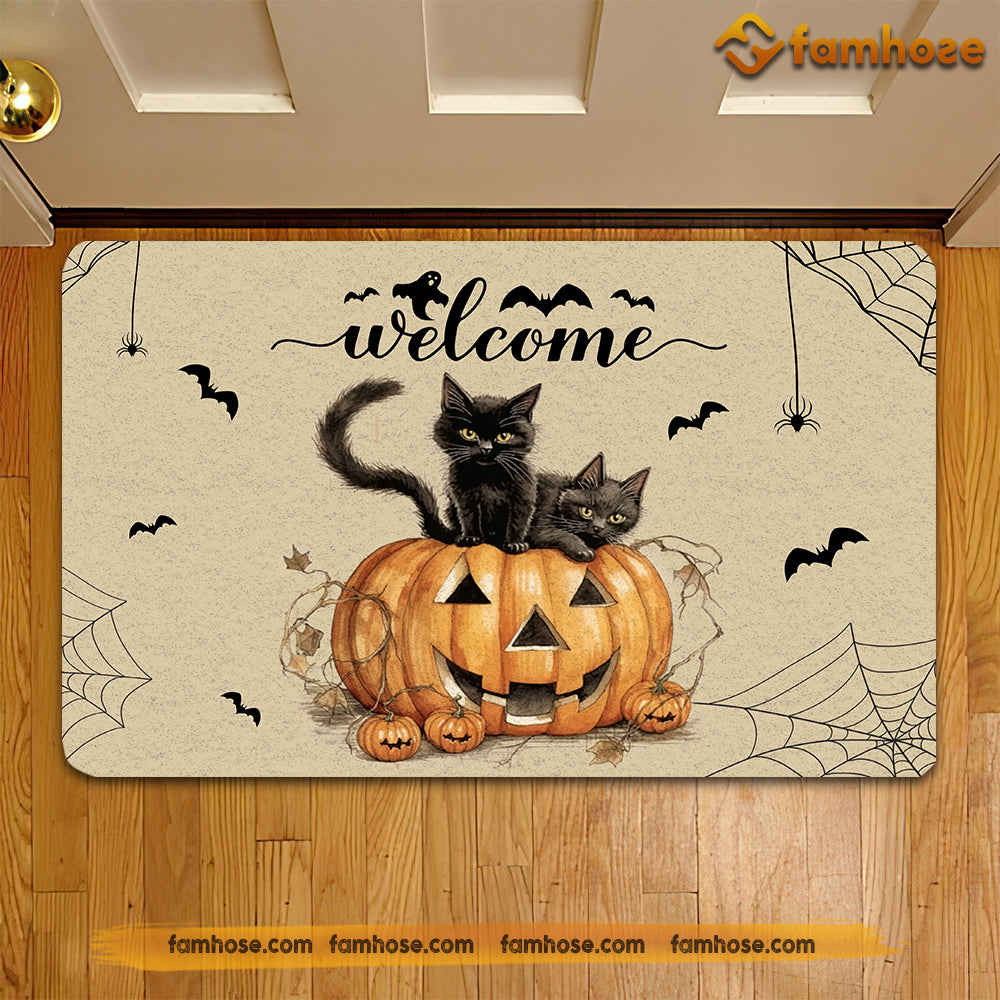 Halloween Black Cat Doormat, Welcome Cats In A Pumpkin, Housewarming Gift, Doormat Decor