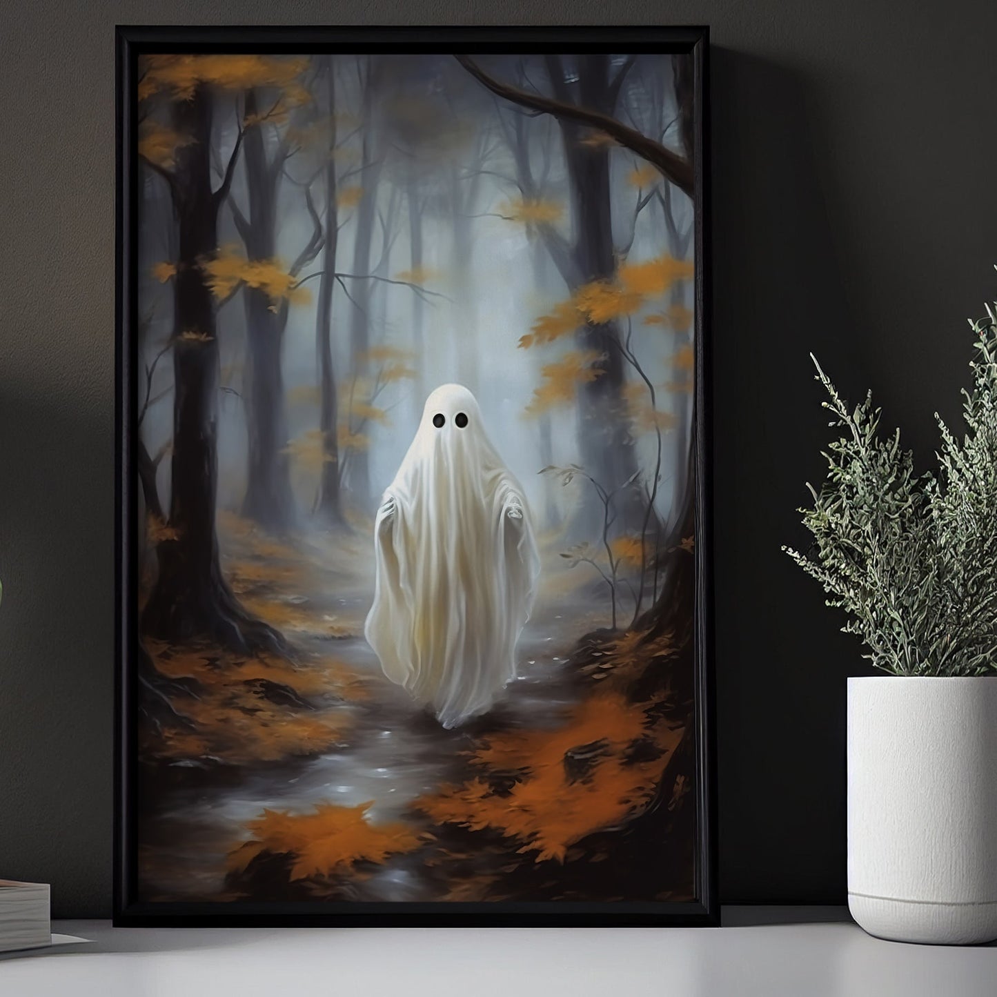 Ghost In Mysterious Forest Autumn Leaves Canvas Wall Art - Dark Academia Ghost Poster Halloween Gift Artwork Decoration For Living Room Bed Room