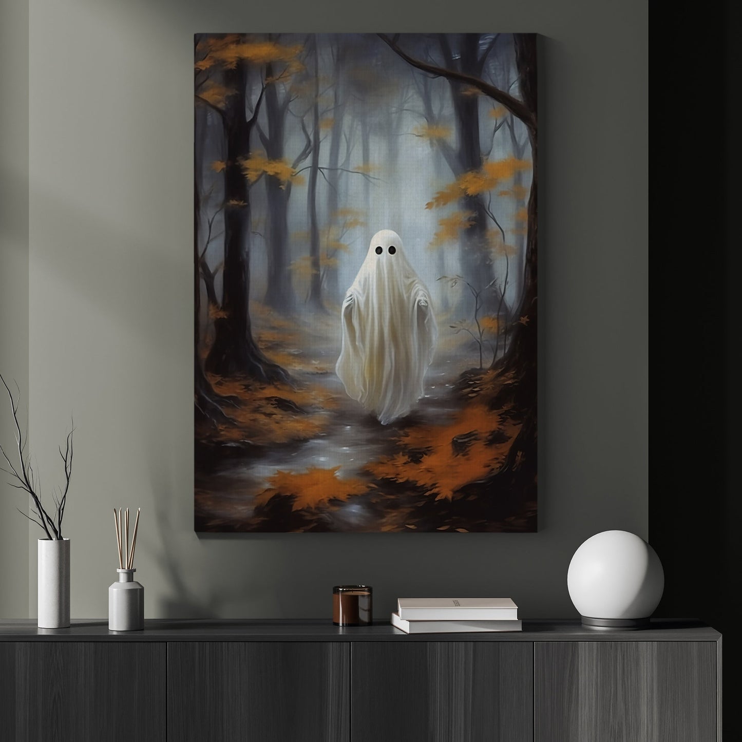 Ghost In Mysterious Forest Autumn Leaves Canvas Wall Art - Dark Academia Ghost Poster Halloween Gift Artwork Decoration For Living Room Bed Room