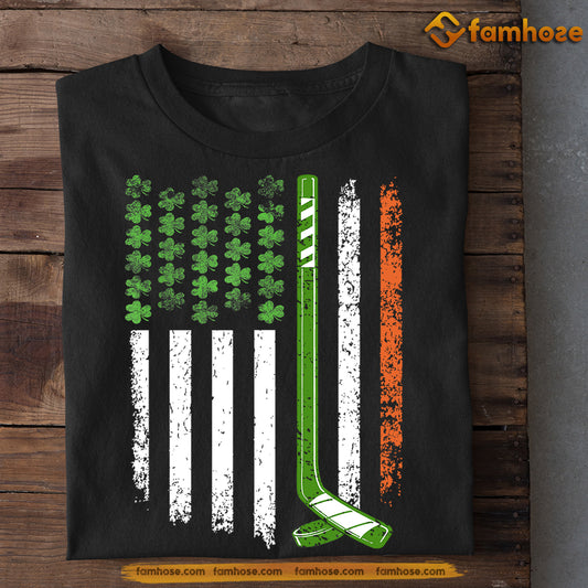 Cool Patrick's Day Hockey T-shirt, Lucky Shamrocks On A USA Flag Tees Patrick's Day Gift For Hockey Lovers