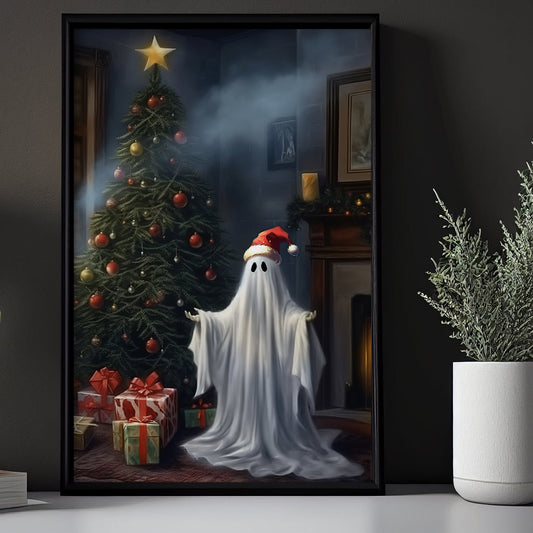 Cute Ghost In Christmas Night Canvas Art Print - Dark Surreal Gothic Yuletide Ghost Xmas Wall Decor