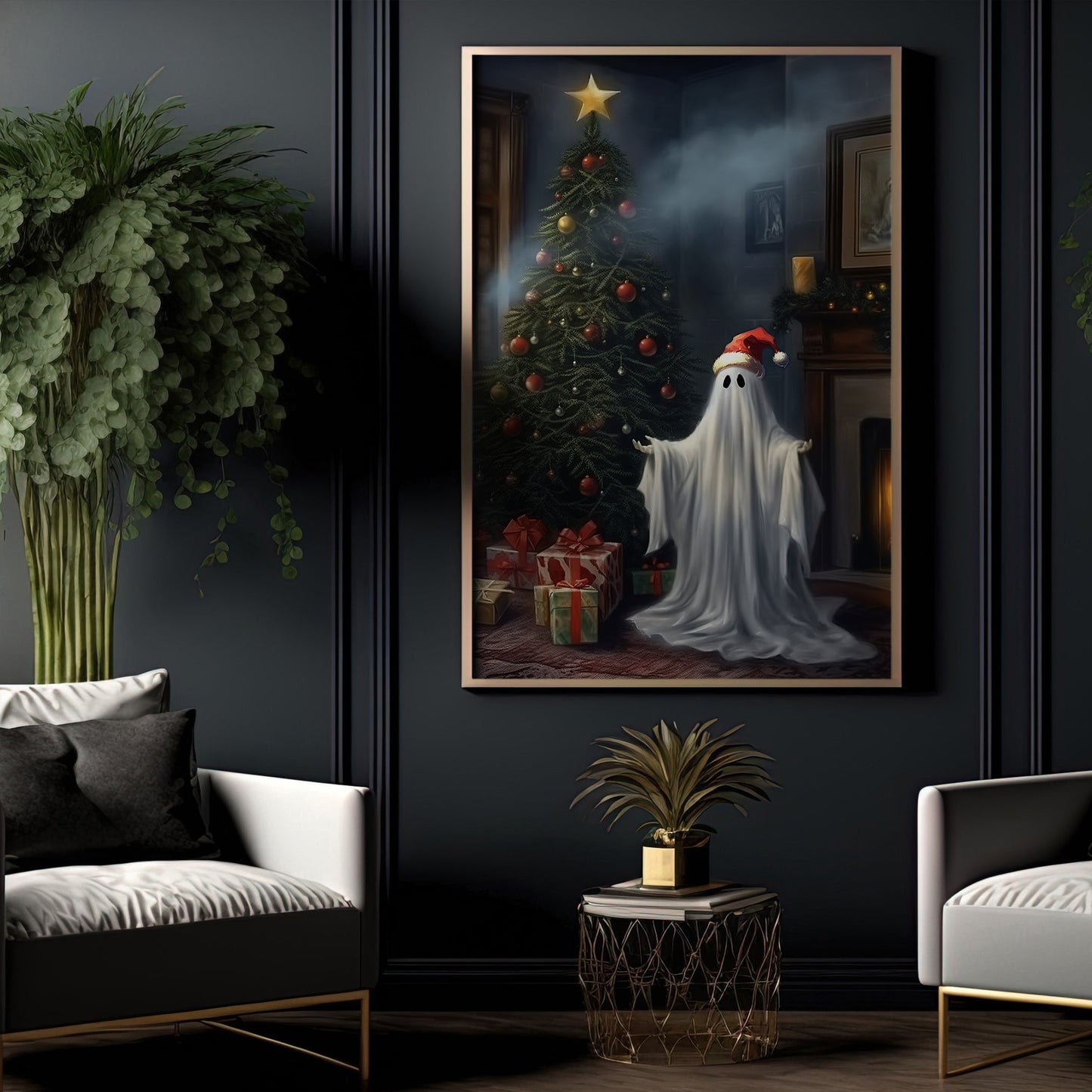 Cute Ghost In Christmas Night Canvas Art Print - Dark Surreal Gothic Yuletide Ghost Xmas Wall Decor