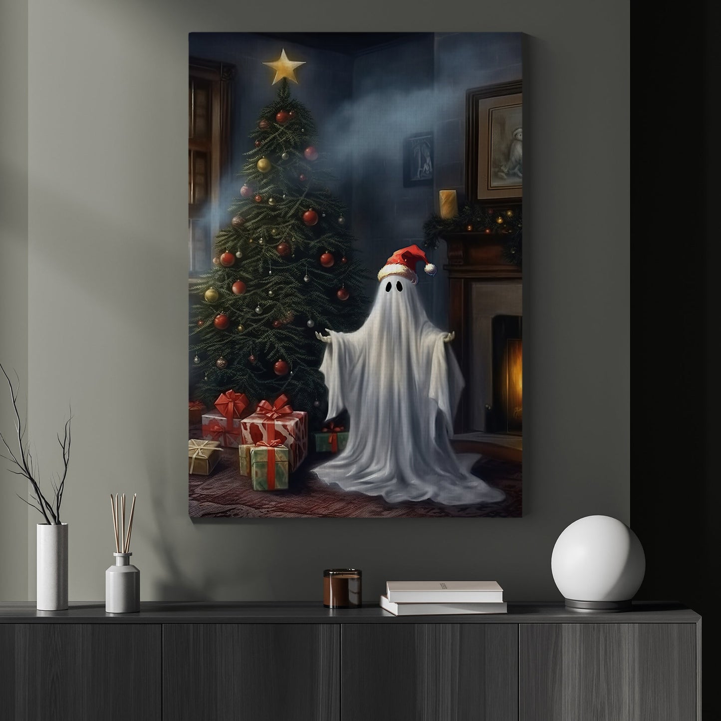 Cute Ghost In Christmas Night Canvas Art Print - Dark Surreal Gothic Yuletide Ghost Xmas Wall Decor