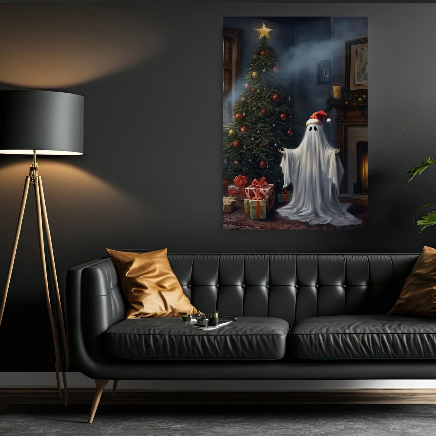 Cute Ghost In Christmas Night Canvas Art Print - Dark Surreal Gothic Yuletide Ghost Xmas Wall Decor