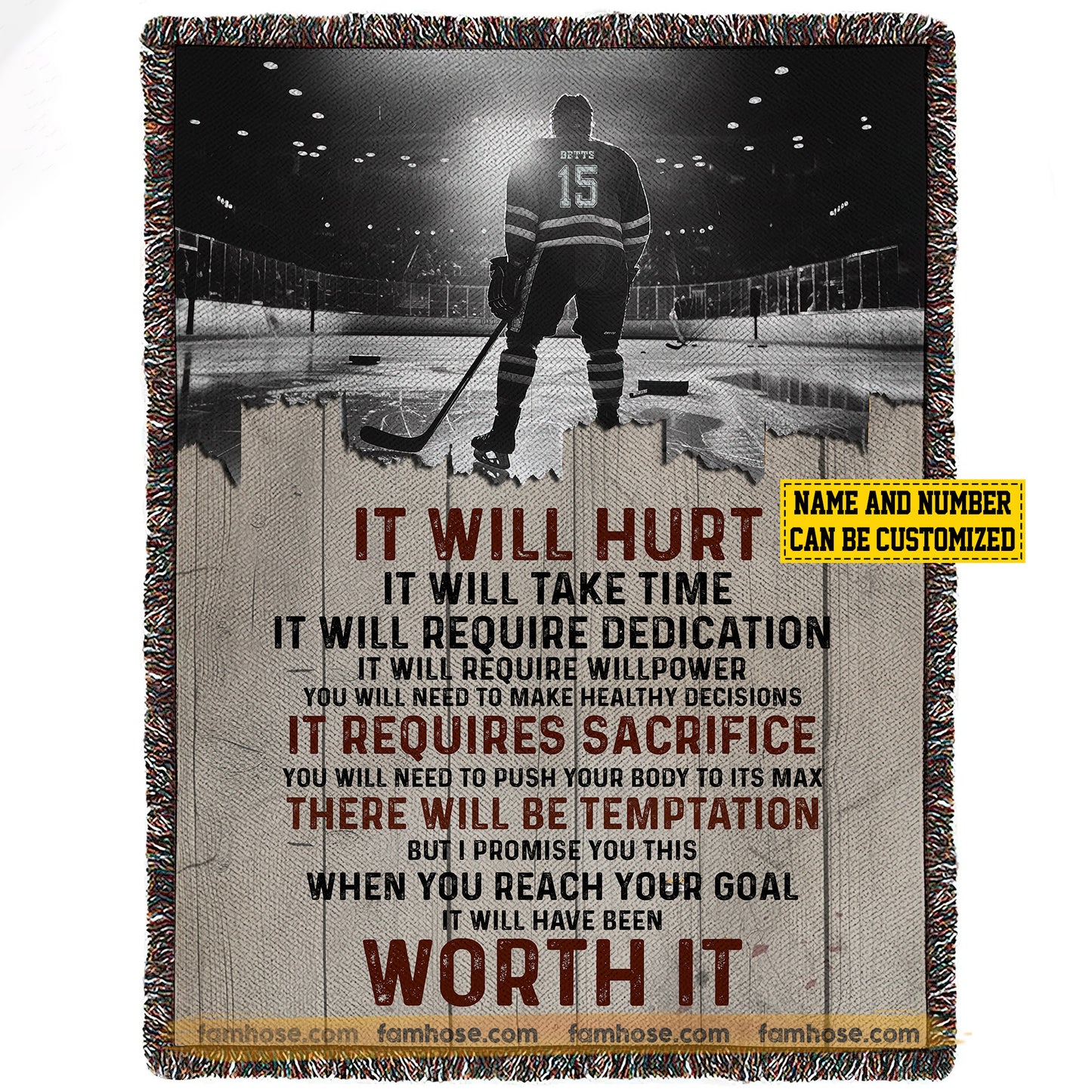 Motivational Personalized Hockey Boy Fleece Blanket, It Will Hurt Sport Woven Blanket, Cool Sherpa Blanket Gift For Hockey Lovers