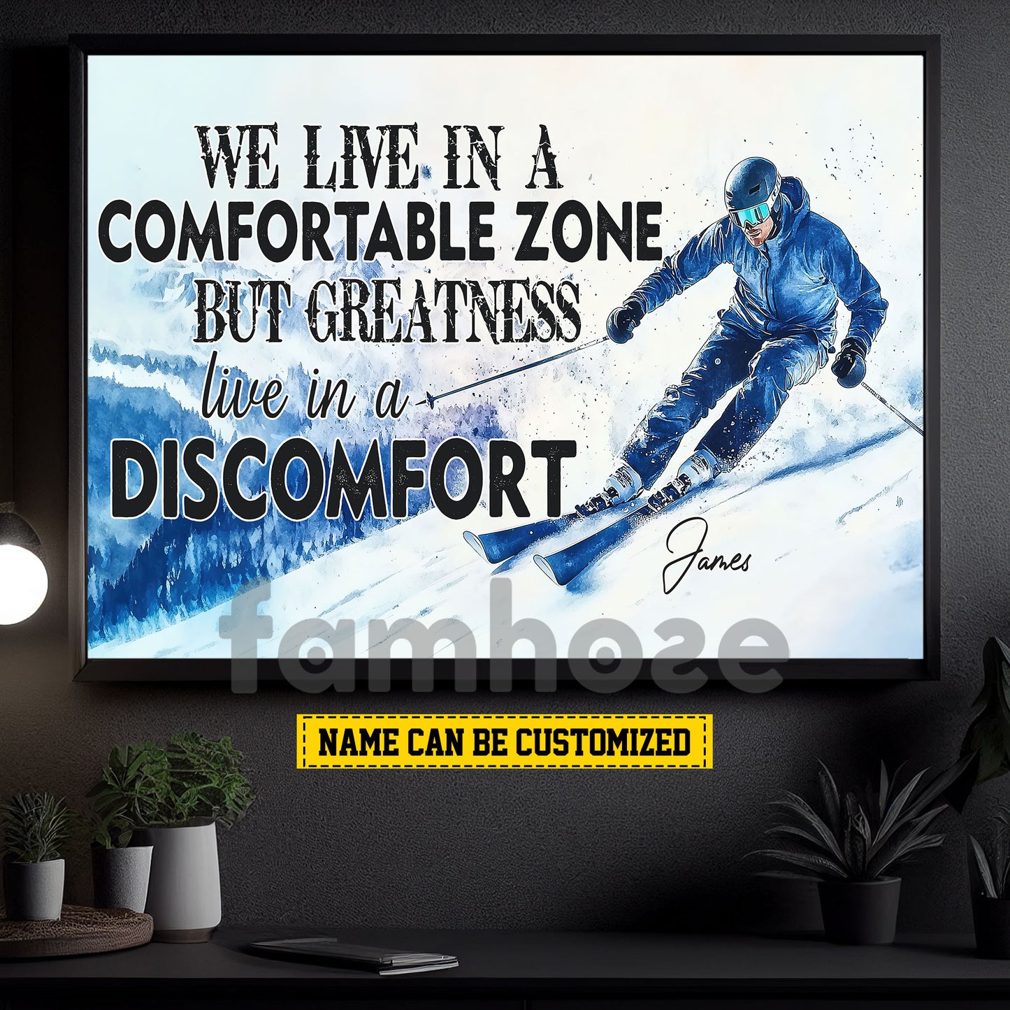 Personalized Skiing Man Canvas Painting, We Live In A Comfortable Zone Sport Wall Art Decor, Poster Gift For Skiing Lovers